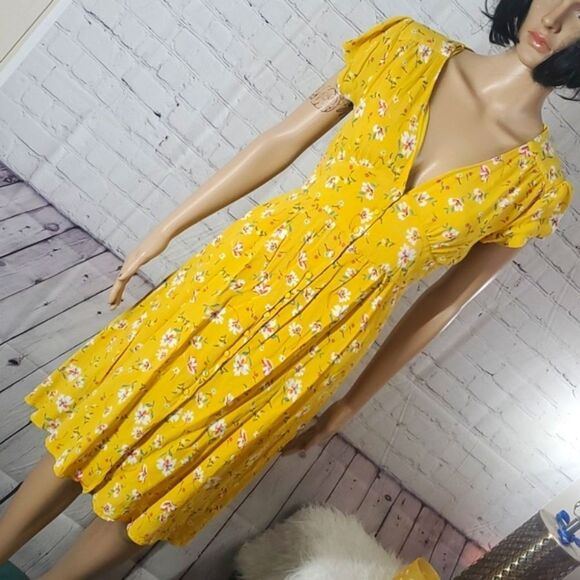 Urban Romantics Goldenrod Floral Print Plunge Neck Elastic Waist Spring Dress - Picture 7 of 15